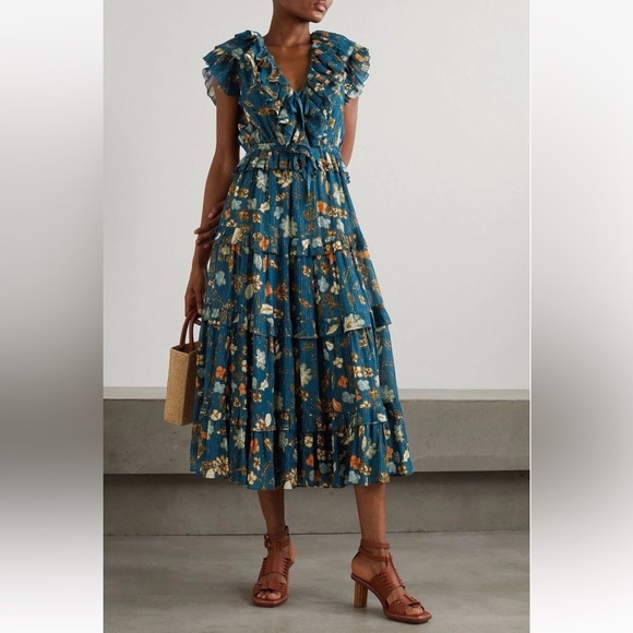 Ulla Johnson Dresses & Skirts - Ulla Johnson Arisa Ruffled Metalic Teal Floral Maxi Dress. Size 2